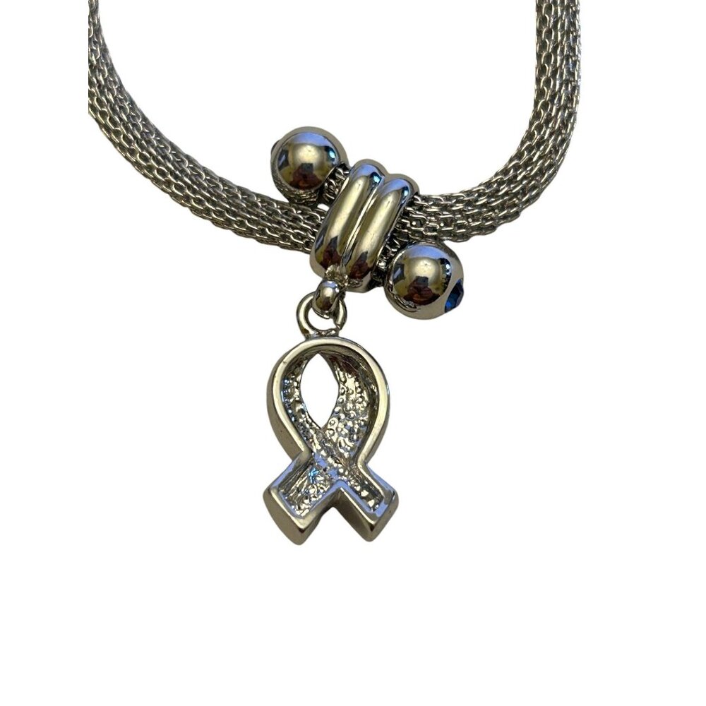 Silver Mesh Bracelet With Blue & Red Rhinestone Ribbon Pendant - Picture 10 of 10